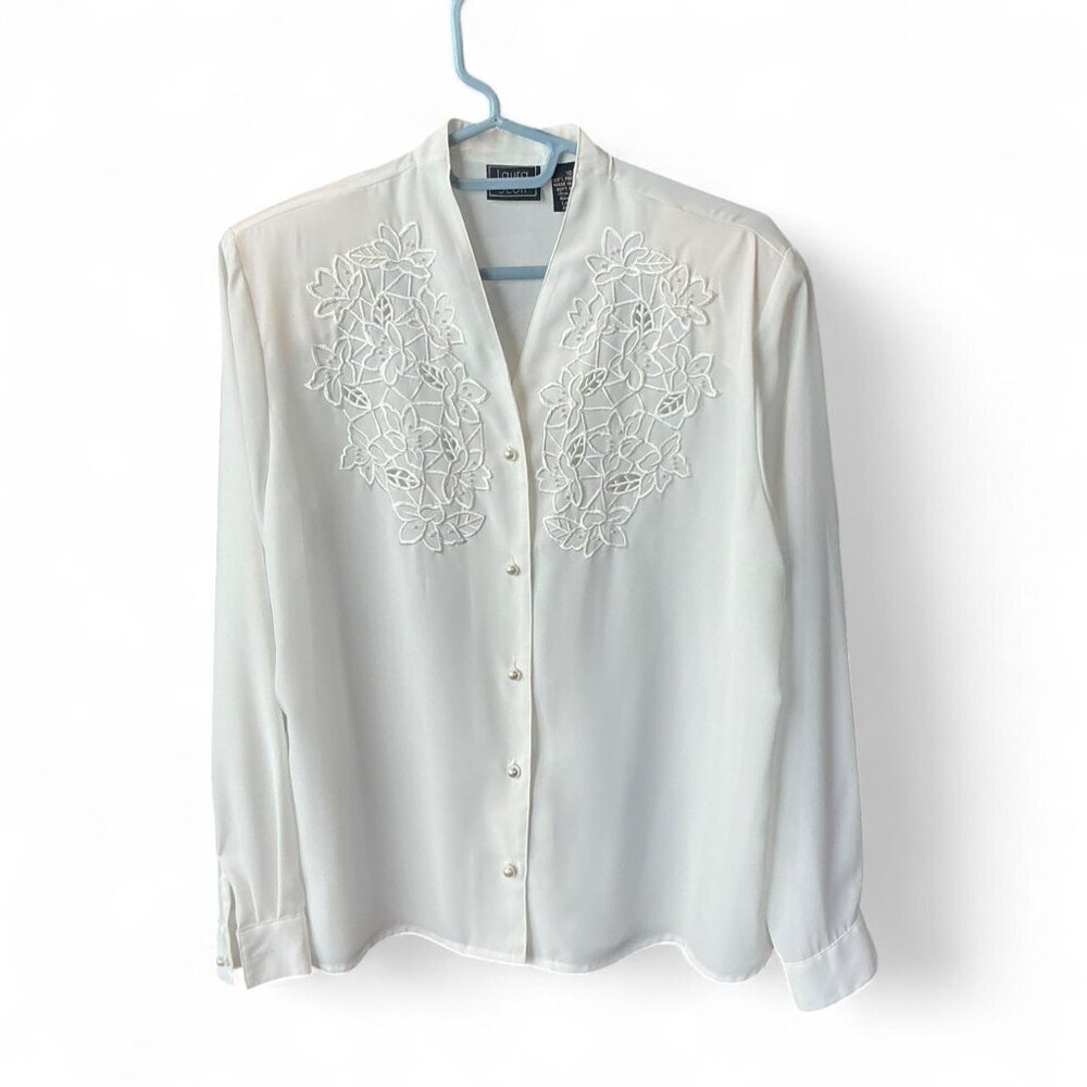 Vintage White embroidered floral button-up shirt size 10 - Picture 1 of 4
